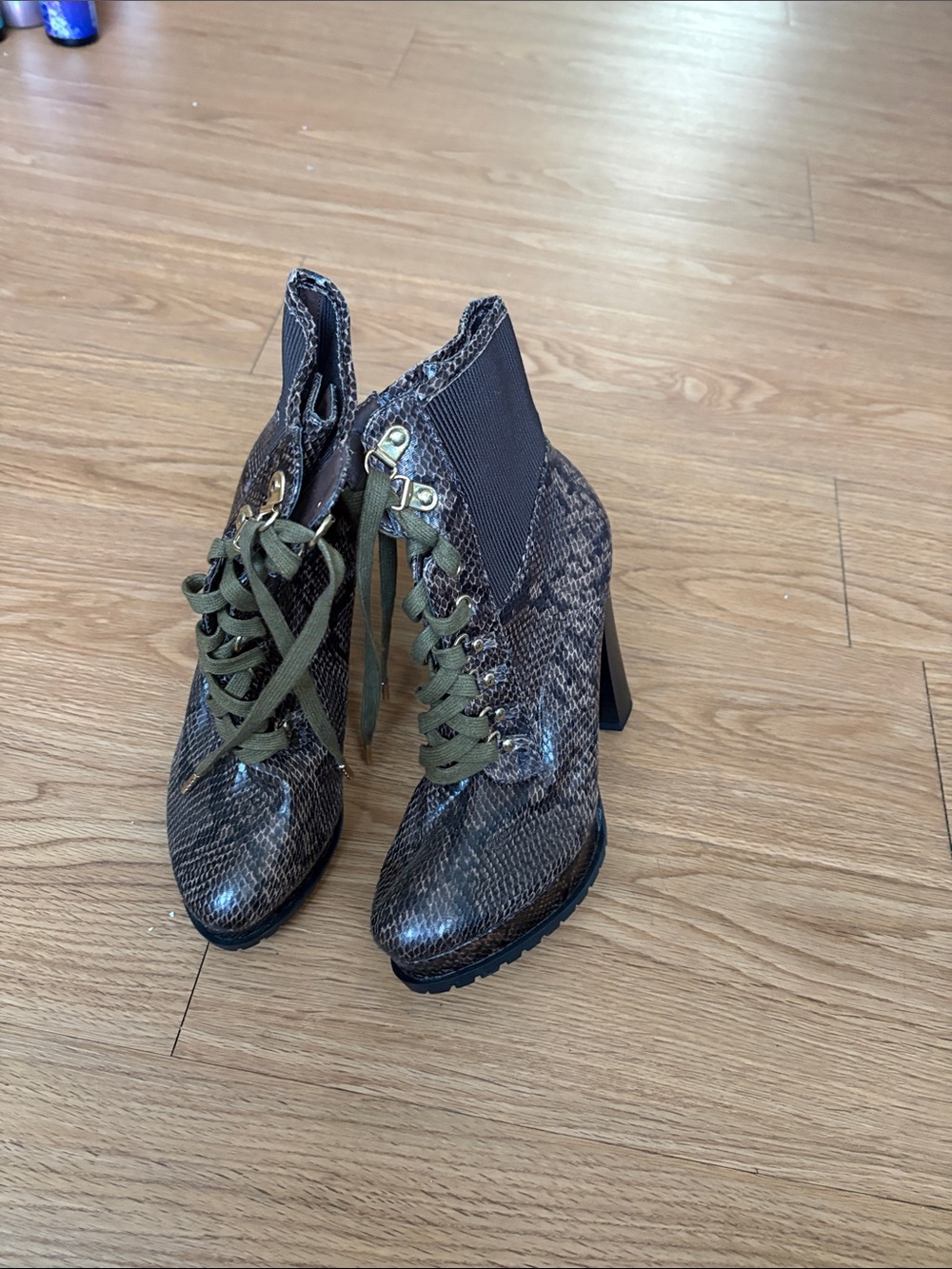 Shoe Dazzle Snake-Print Lace-Up Ankle Boots in Olive and Black